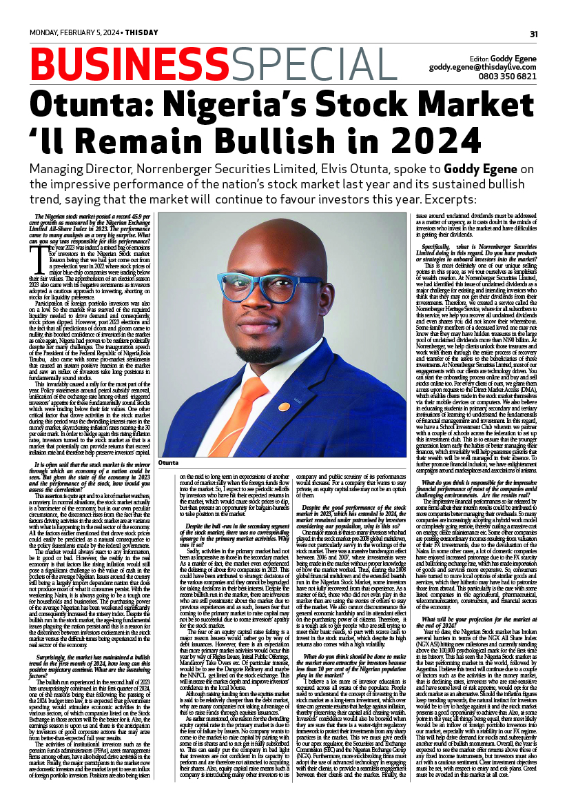 Otunta: Nigeria’s Stock Market will Remain Bullish in 2024